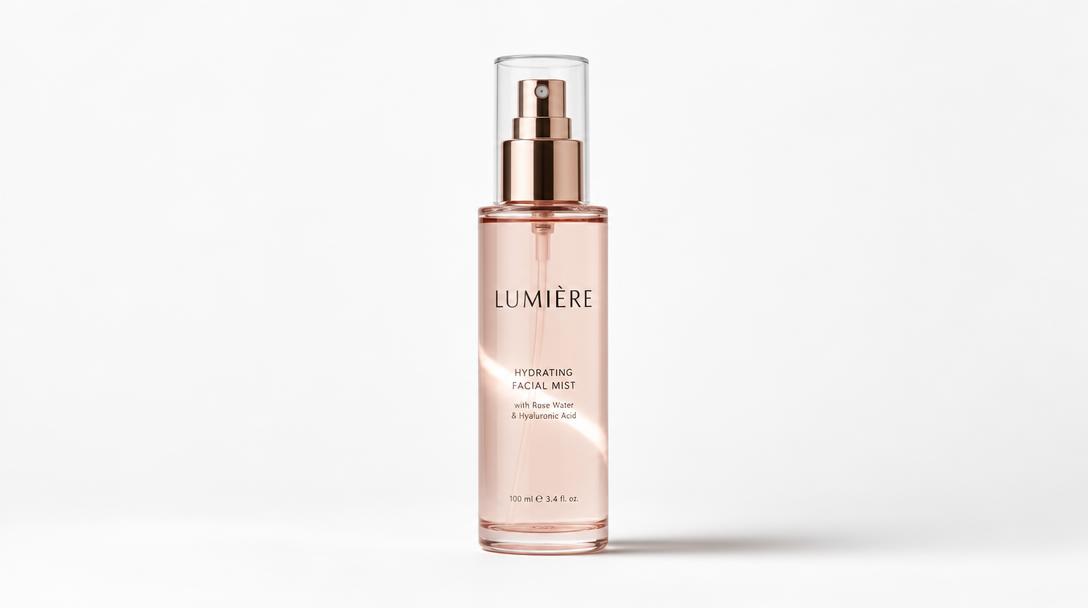 Cosmetic bottle standing on a minimal studio surface with soft shadow and a thin streak of light across it