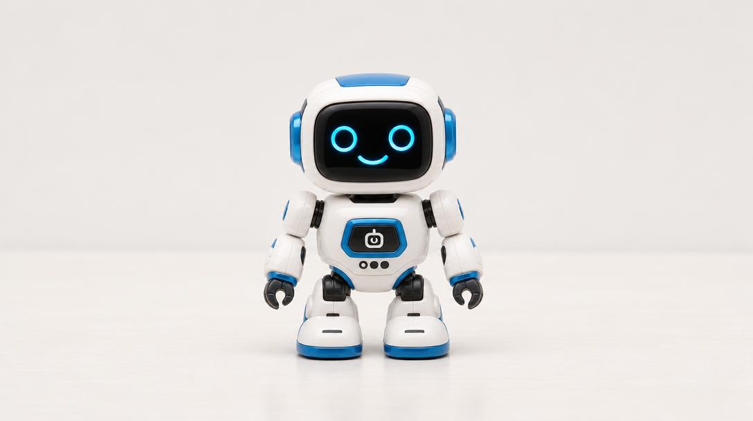 A small toy robot on a clean tabletop under soft studio light, single product in frame